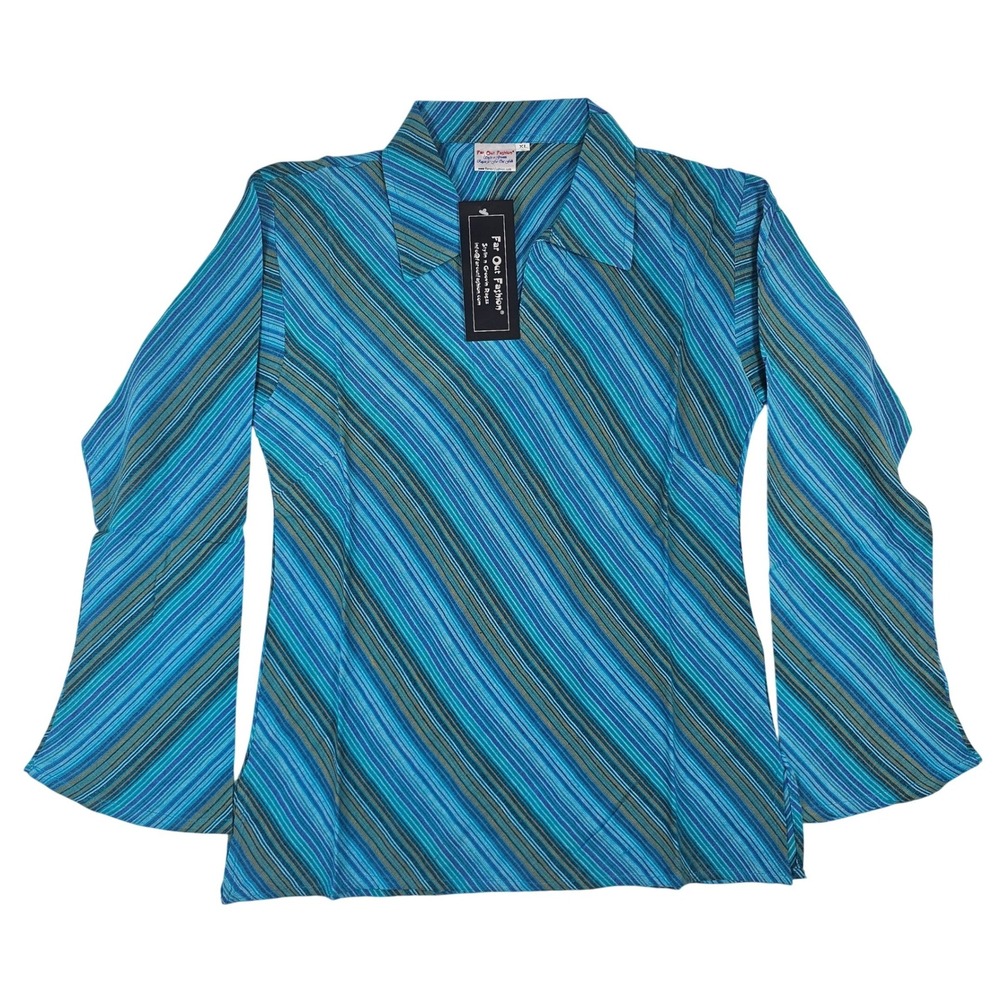 Far Out Fashion Womens XL Blue Diagonal‎ Stripe Bell Sleeve Retro Collar Top NWT